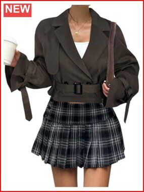 Cropped Trench Coat Double Breasted Belted Notched Lapel Fall Jacket